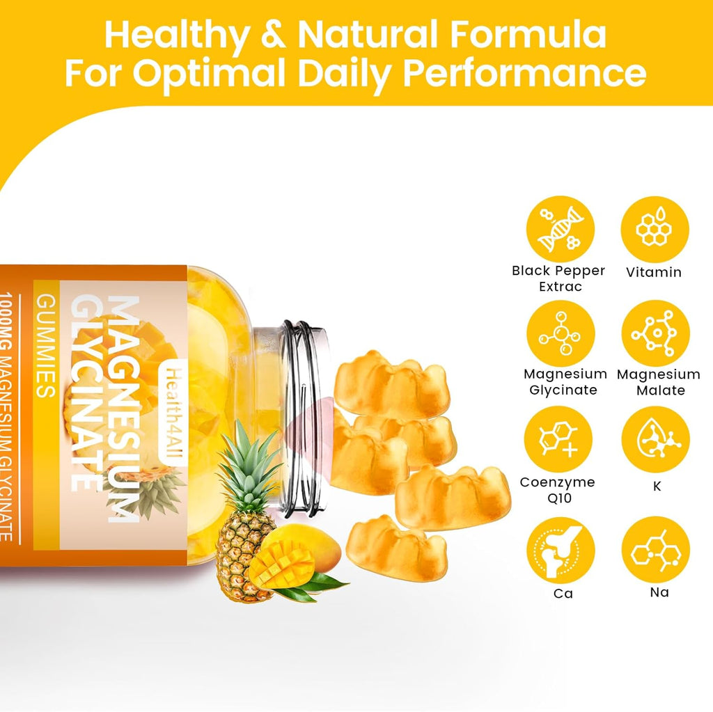 Magnesium Glycinate Gummies 1000mg, High Absorption Sugar Free Magnesium Potassium Supplement for Relaxation, Stress Relief, and Sleep Support for Adults & Kids - 180 Mango Pineapple Gummies