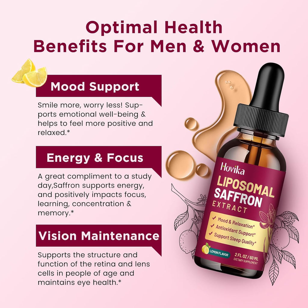 Liposomal Saffron Supplements - 88.5mg Saffron Extract Liquid Drops with L-Theanine, Chamomile, Vitamin C, B6, B12 & D3 for Antioxidant, Immune, Mood, Energy, Focus & Sleep - 2 Fl Oz Lemon Flavor
