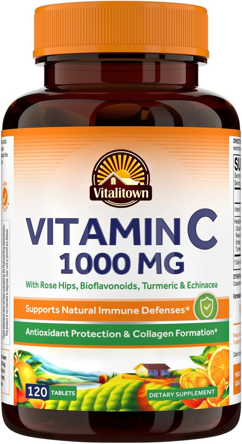 Vitalitown Vitamin C Complex 1000mg with Rose HIPS, Bioflavonoids, Turmeric & Echinacea, Daily Immune Support, Collagen Booster & Powerful Antioxidant, Vegan, 120 Tablets