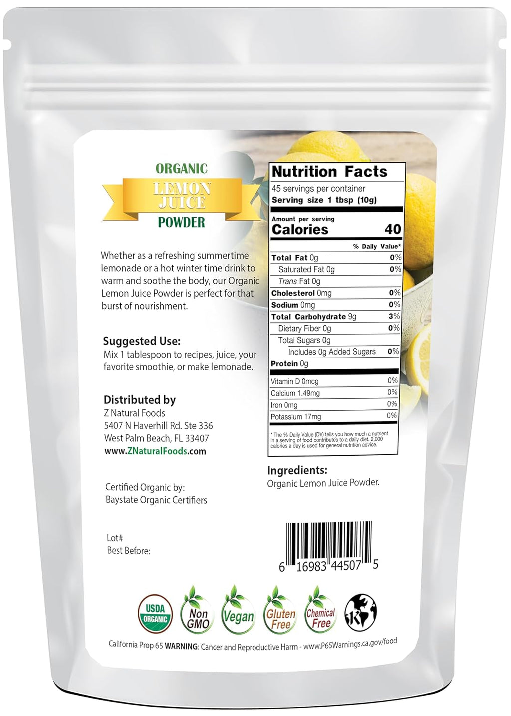 Z Natural Foods Organic Lemon Juice Powder, Enriched with Vitamin C, Ideal for Lemonade, Juice, Shakes, and Recipes, Gluten Free, Non-GMO, 1 lb