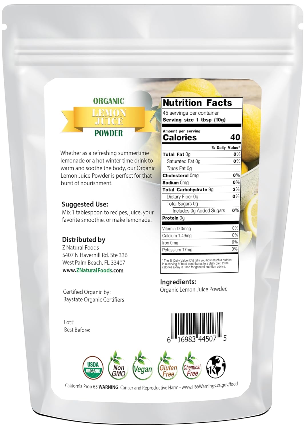 Z Natural Foods Organic Lemon Juice Powder, Enriched with Vitamin C, Ideal for Lemonade, Juice, Shakes, and Recipes, Gluten Free, Non-GMO, 1 lb