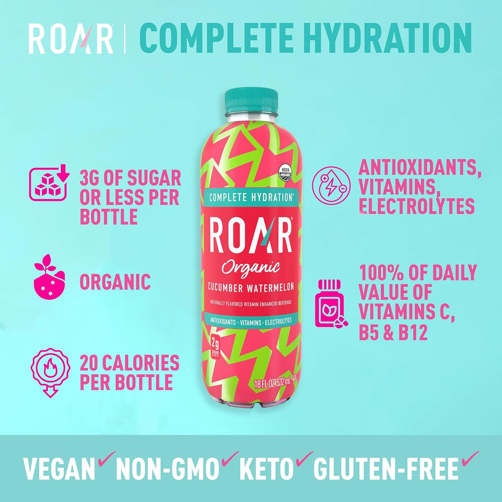 Roar Organic Electrolyte Infusions - USDA Organic - Cucumber Watermelon - with Antioxidants, B Vitamins, Low-Calorie, Low-Sugar, Low-Carb, Coconut Water Infused Beverage 18 Fl Oz (Pack of 12)