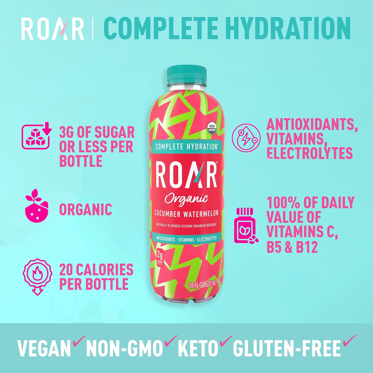Roar Organic Electrolyte Infusions - USDA Organic - Cucumber Watermelon - with Antioxidants, B Vitamins, Low-Calorie, Low-Sugar, Low-Carb, Coconut Water Infused Beverage 18 Fl Oz (Pack of 12)