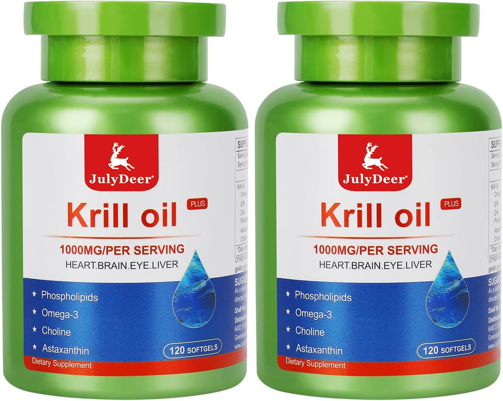 Krill Oil 1000 mg 240 Softgels with Omega-3s EPA, DHA, Astaxanthin and Phospholipids Supplement, Antarctic Krill No Fishy Aftertaste for Joint, Heart, Brain and Immunity - 2 Bottles