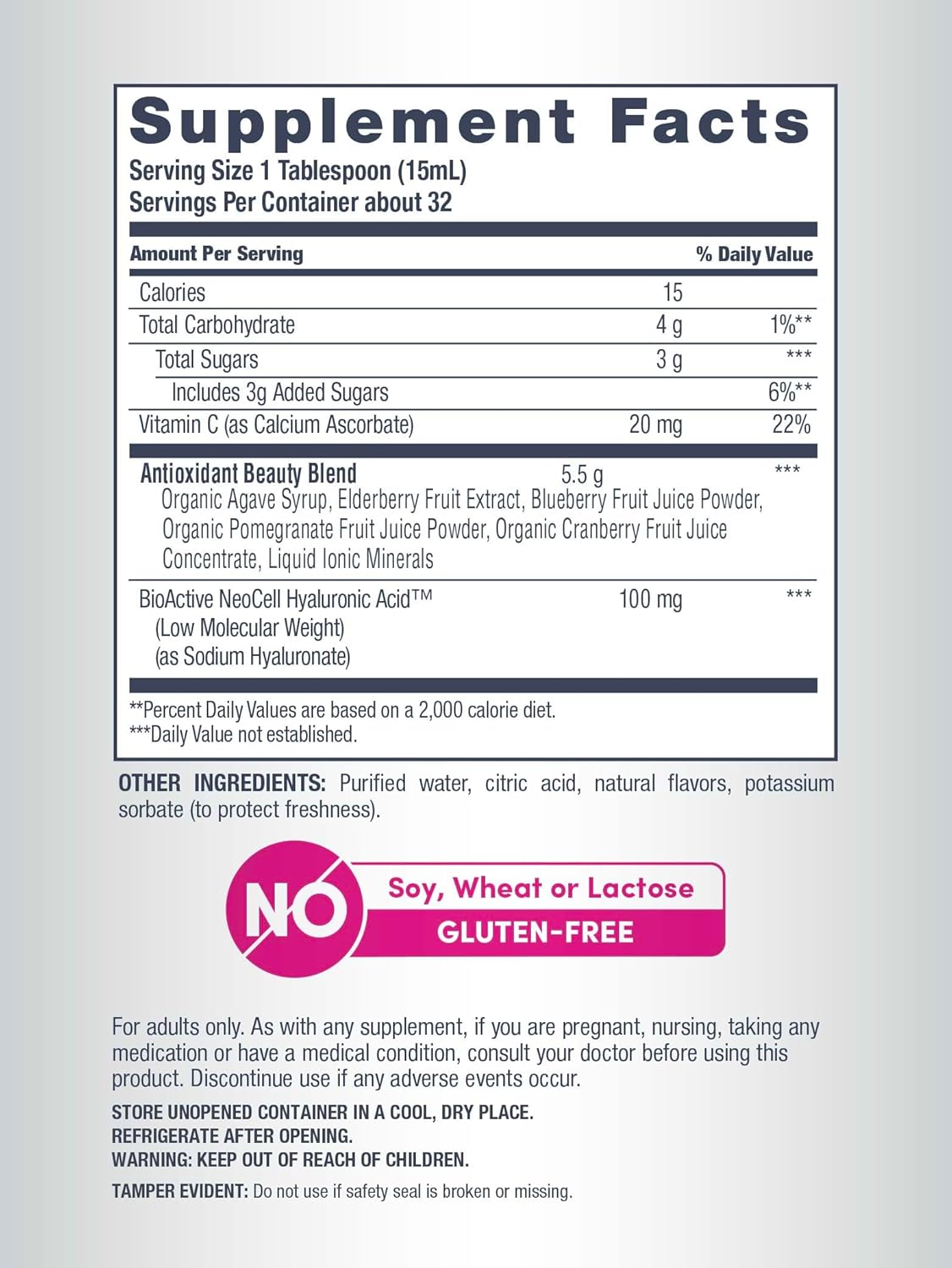 NeoCell Hyaluronic Acid Liquid with Vitamin C, Berry, 16 Fl Oz (Pack of 1) - Packaging May Vary