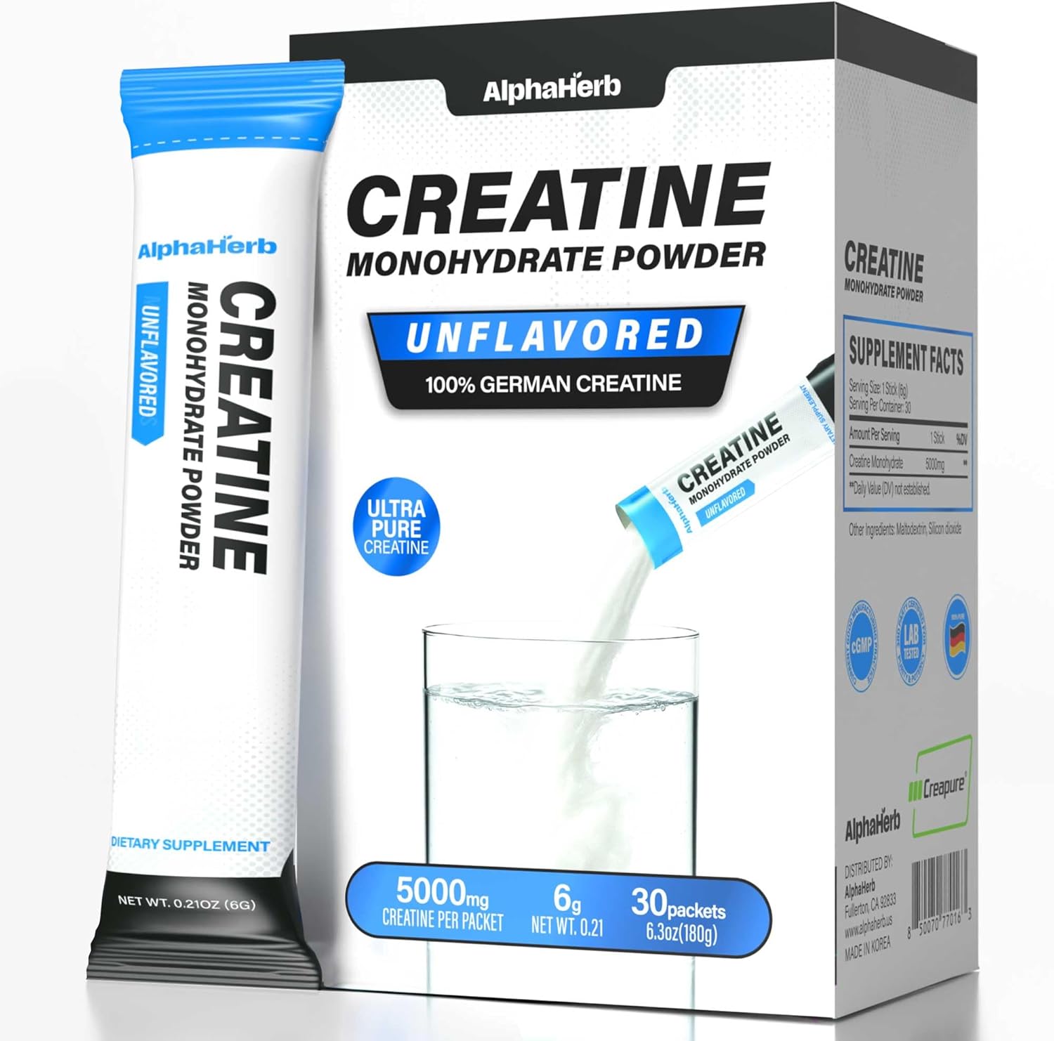 Creatine Monohydrate Powder – Creapure® German-Sourced, Unflavoured, 30 Stick Creatine Packs, 5000mg Each | No Sugar, No Fillers, Gluten-Free