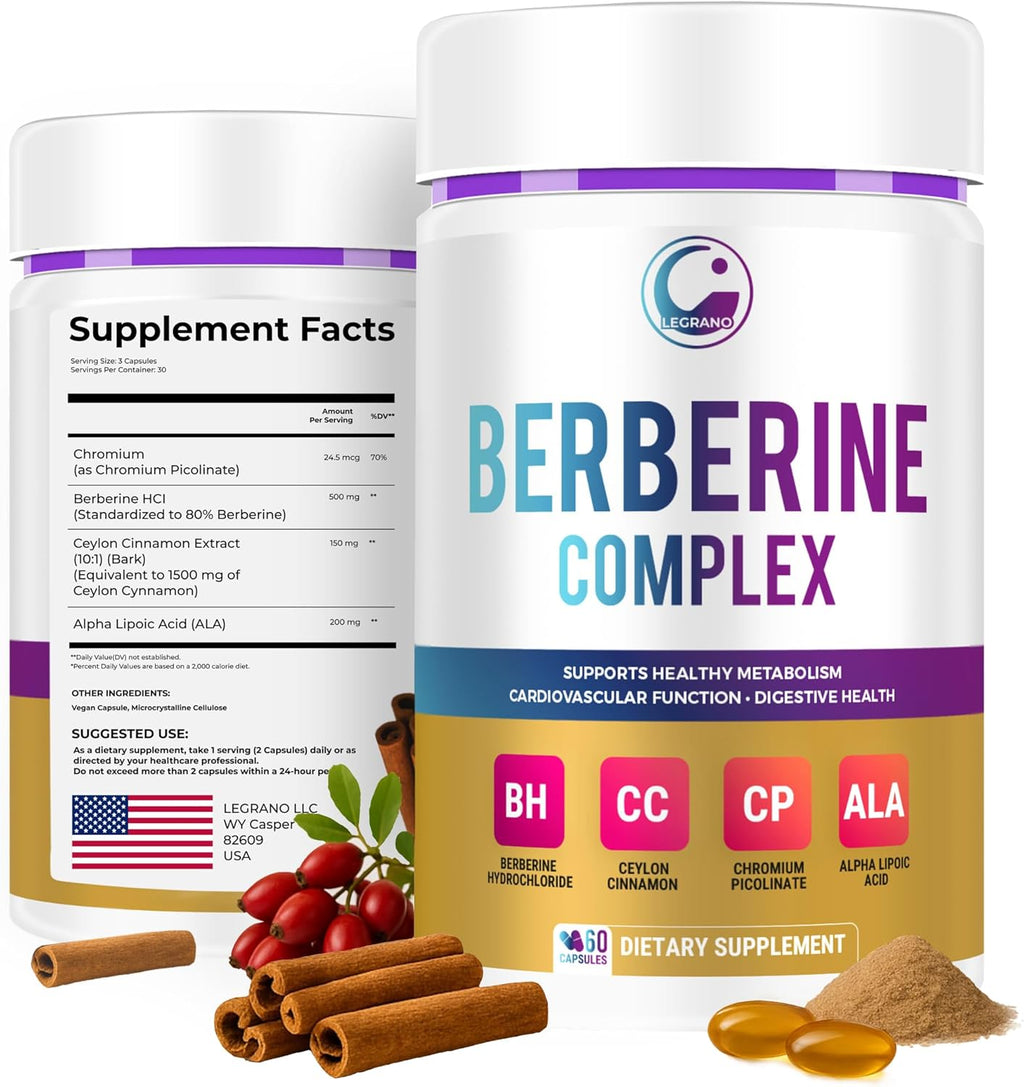 LEGRANO Berberine Supplement 500mg with Ceylon Cinnamon, ALA & Chromium – Berberine Complex for Glucose Metabolism & Heart Support – 60 Vegan Capsules
