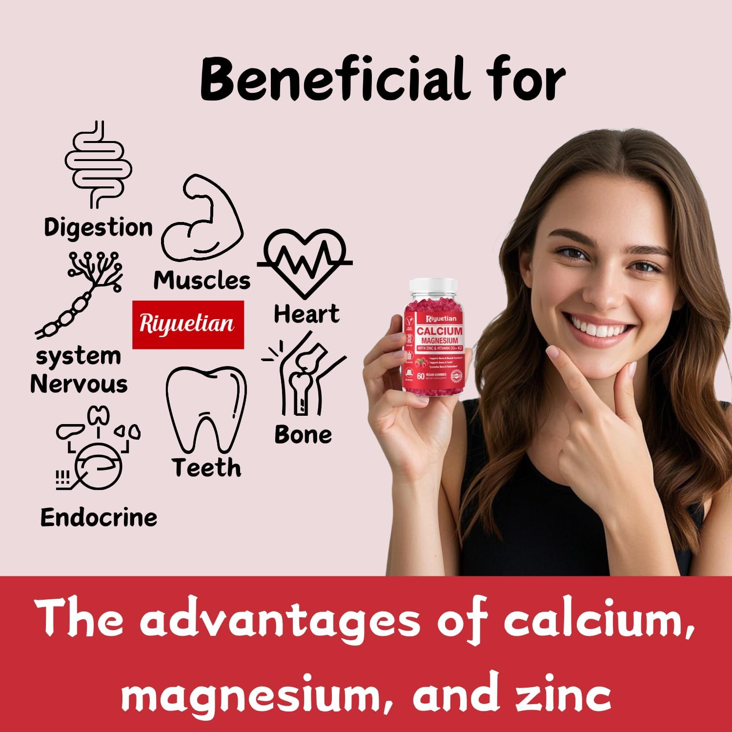 Calcium Gummies + Magnesium & Zinc with Vitamin D3 & K2, High Absorption Calcium Supplement for Bone, Teeth & Immune Support, Non GMO, Vegan, 60 Count