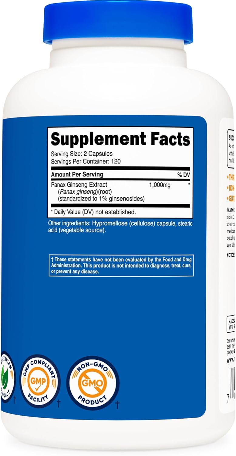 Nutricost Panax Ginseng 1000mg, 240 Capsules, 3 Bottles - Non GMO, Gluten Free, 120 Servings
