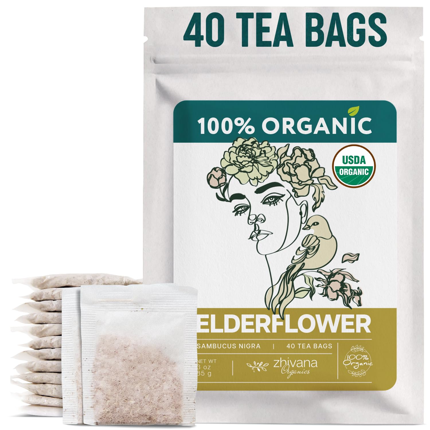 Organic Elderflower Tea (40 Tea Bags) - Elder Flowers Tea for Respiratory Health, Immunity - Herbal TeaBags for Cold Weather Days - Seasonal Blend - Te de Flor de Sauco