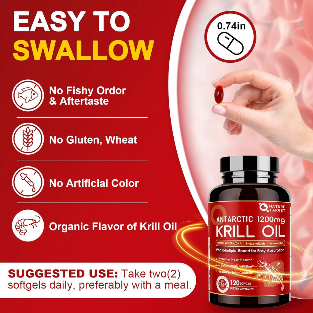 NATURE TARGET Krill Oil 1200mg with Omega-3 EPA & DHA with Astaxanthin, Phospholipids & Choline - Supports Heart, Brain, Join Health, Non-GMO, Gluten Free, 120 Softgels (60 Servings)