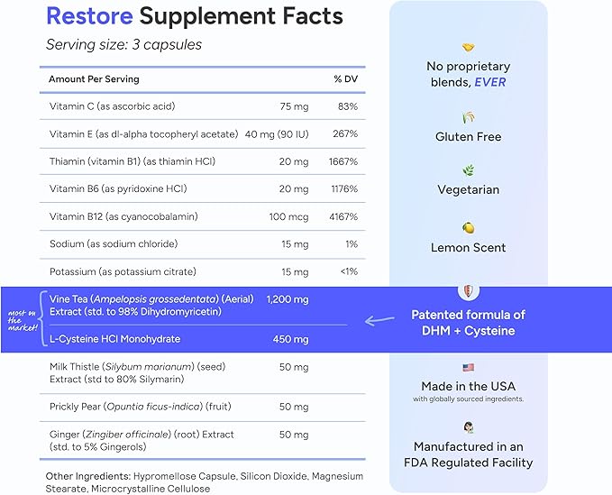 Cheers Restore | Supplement with DHM + L-Cysteine | Feel Better After Drinking & Support Your Liver | 36 Doses | Dihydromyricetin, Cysteine, Milk Thistle, Prickly Pear, B-Vitamins, Ginger