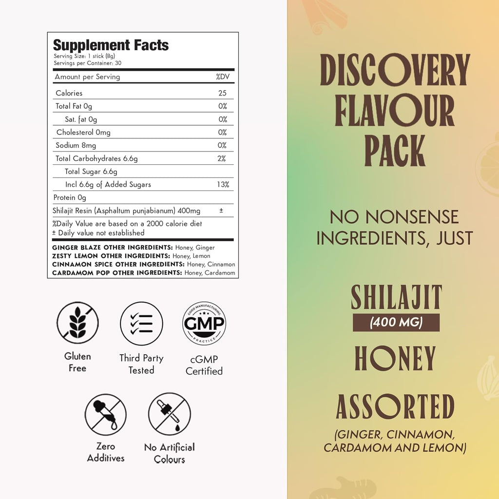 Pure Himalayan Shilajit Sticks with Honey | Discovery Set - Cardamom, Cinnamon, Ginger, Lemon | On-The-Go Natural Energy | 75%+ Fulvic Acid | 85+ Trace Minerals for Men & Women, Pack of 16
