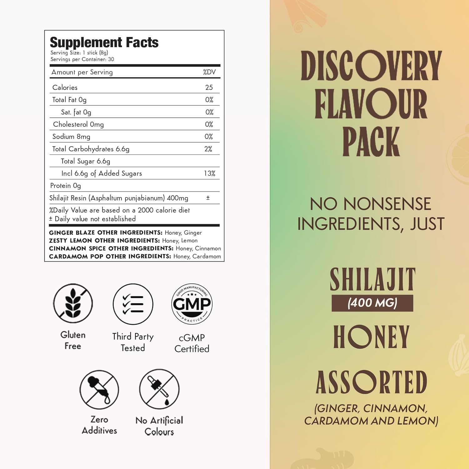 Pure Himalayan Shilajit Sticks with Honey | Discovery Set - Cardamom, Cinnamon, Ginger, Lemon | On-The-Go Natural Energy | 75%+ Fulvic Acid | 85+ Trace Minerals for Men & Women, Pack of 16