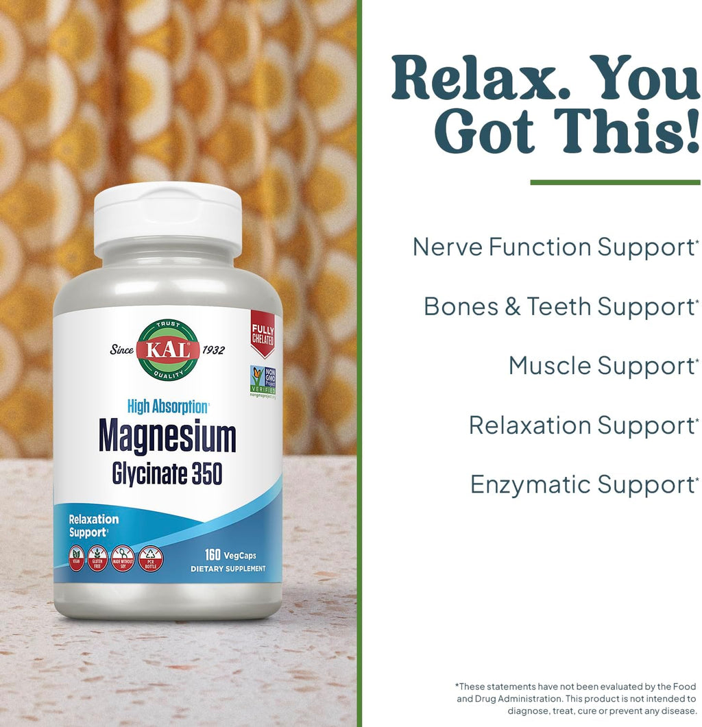 KAL Magnesium Glycinate Capsules, Fully Chelated Magnesium Bisglycinate, High Absorption Magnesium Supplement, Healthy Bones, Muscle, Relaxation and Stress Support, Non-GMO 160 count