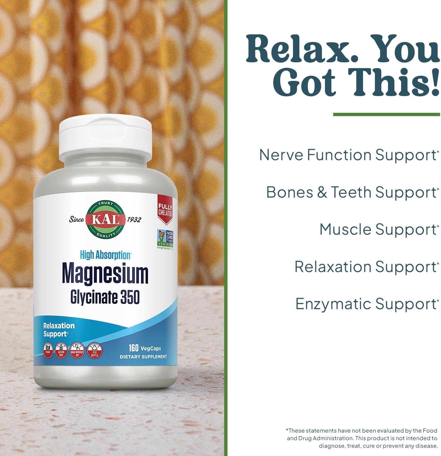 KAL Magnesium Glycinate Capsules, Fully Chelated Magnesium Bisglycinate, High Absorption Magnesium Supplement, Healthy Bones, Muscle, Relaxation and Stress Support, Non-GMO 160 count