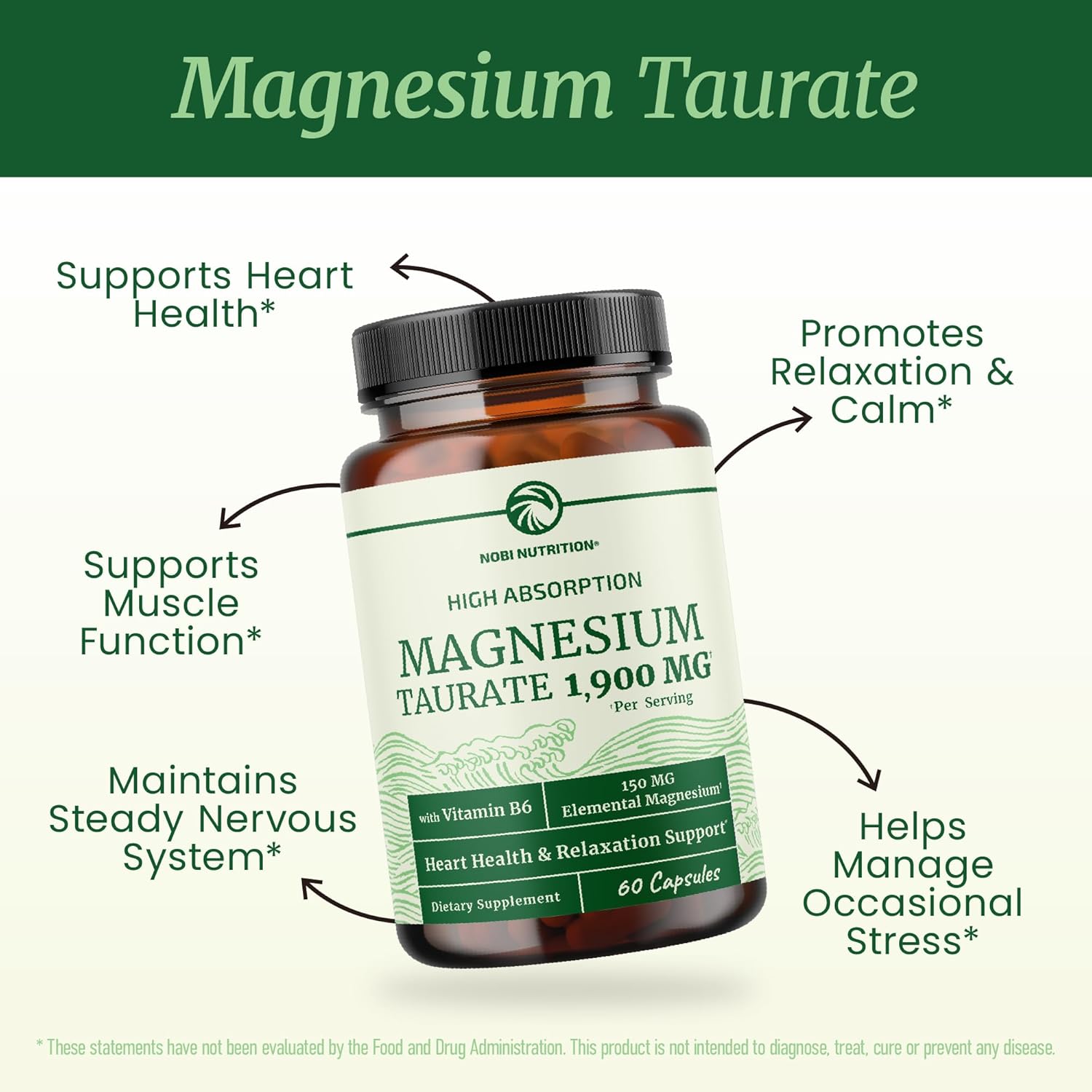 Magnesium Taurate 1900MG | Heart Health and Relaxation Support | 150MG Elemental Magnesium Per Serving | High Absorption Mag Taurate with Vitamin B6 + Black Pepper | Non-GMO | 60 Ct (1 Month Supply)