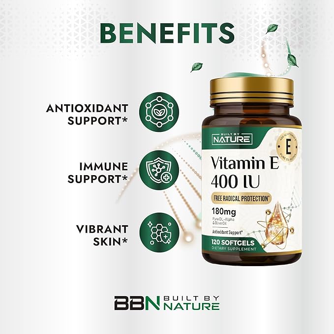 Built by Nature Vitamin E with Olive Oil - 400 IU (dl-Alpha Tocopherol) - High Potency Antioxidant Supplement for Immune, Skin & Heart Health - Non-GMO - 4 Month Supply, 120 Softgels