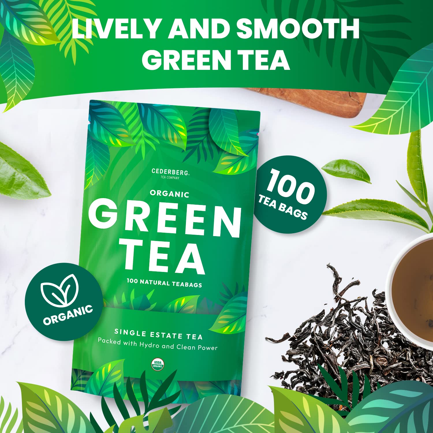 Organic Green Tea — 100 Tea Bags| Organic Tea From Single Origin | Eco-Friendly Tea Bags | Non-GMO Tea With Zero Sugar | Cederberg Tea Company