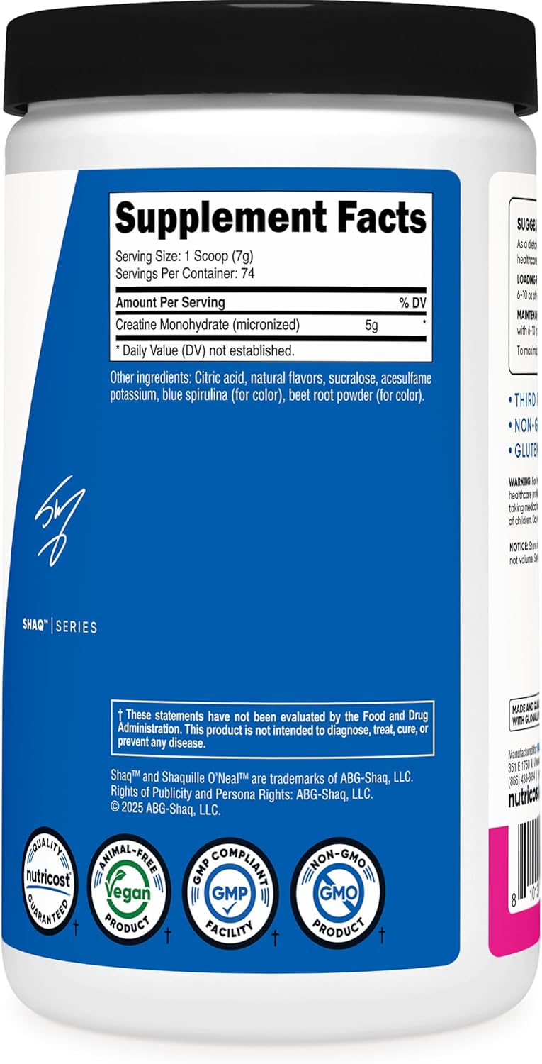 Nutricost Creatine Monohydrate Powder (Shaq's Berry Blast, 500 Gram) - Micronized Creatine Supplement, Vegan, GMO-Free, Gluten-Free, 74 Servings