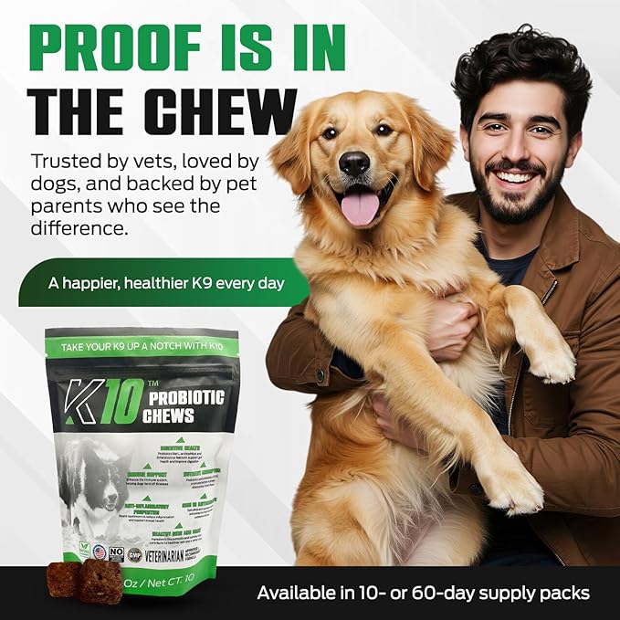 K10 Probiotic Chews for Dogs (10ct) – Advanced Digestive Support with Probiotics, Prebiotics & Superfoods – Vet-Preferred Dog Supplement for Digestion, Immunity, Skin, Coat & Everyday Vitality