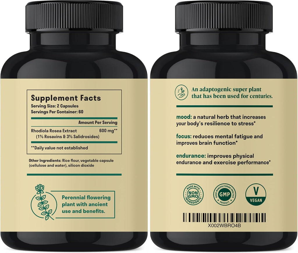Rhodiola Rosea 600 mg | 60 Servings | Ultra Potent Rhodiola Supplement with 3% Salidroside & 1% Rosavins for Stress Support, Mood Support & Energy - Adaptogens for Calm & Focus - Gluten Free & Non-GMO