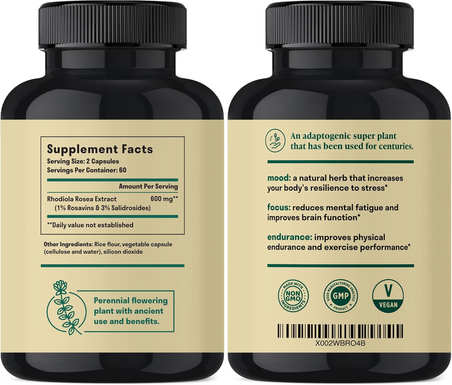 Rhodiola Rosea 600 mg | 60 Servings | Ultra Potent Rhodiola Supplement with 3% Salidroside & 1% Rosavins for Stress Support, Mood Support & Energy - Adaptogens for Calm & Focus - Gluten Free & Non-GMO