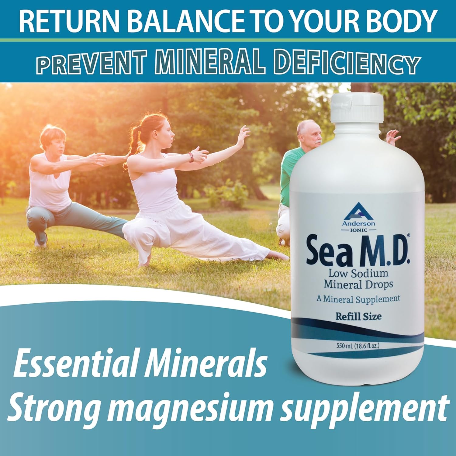 Anderson Sea M.D. New Refill Size Concentrated Trace Mineral Drops, Ionic Electrolyte Magnesium Supplement, Aids in Muscle Cramps, Liquid Magnesium, Easy to Take, 550mL, 275 Servings