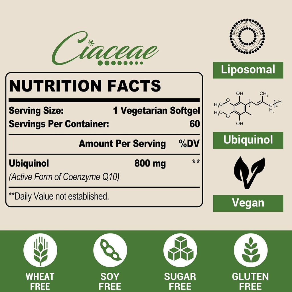 Liposomal CoQ10 800mg Ubiquinol Softgel, Max Absorption Ubiquinol Coenzyme Q10, Ubiquinol CoQ10 Supplement for Antioxidant, Heart Function & Energy Production, Pure CoQ10 800mg, 120 Vegan Softgels