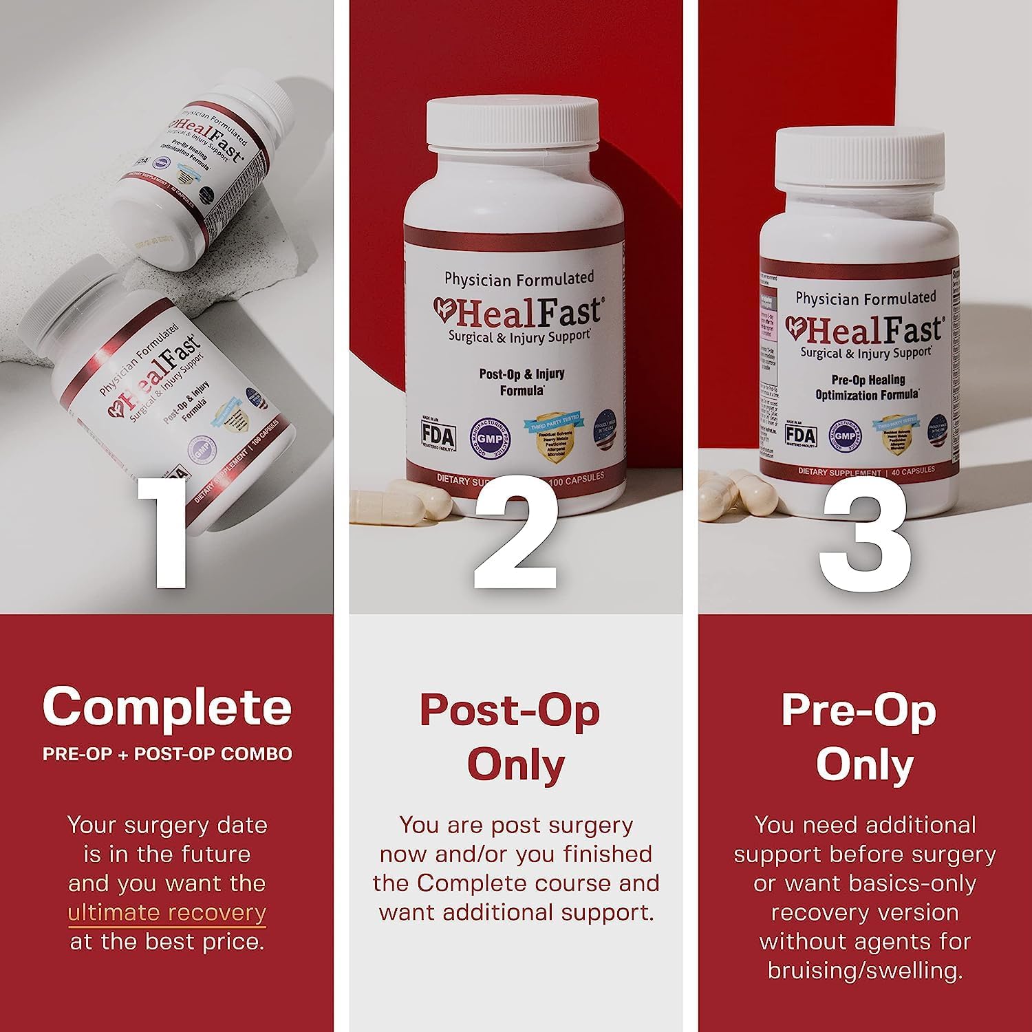 HealFast Complete Surgery & Injury Recovery Supplement: for Wound, Scar Treatment & Bruising w/Vitamins, Bromelain, Quercetin & Probiotics (Pre+Post Op)