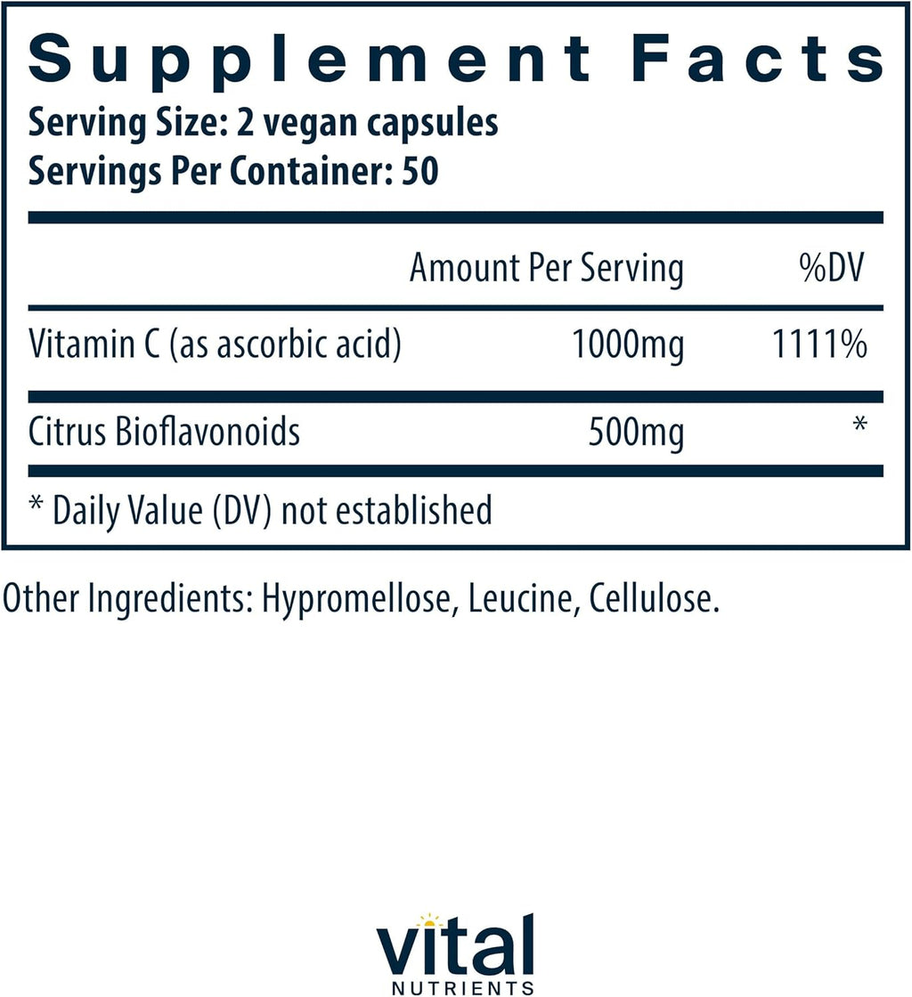 Vital Nutrients Vitamin C with Bioflavonoids | Vegan Supplement for Immune Support* | 1000mg Vitamin C and 500mg Citrus Bioflavonoid | Gluten, Dairy and Soy Free | Non-GMO | 100 Capsules