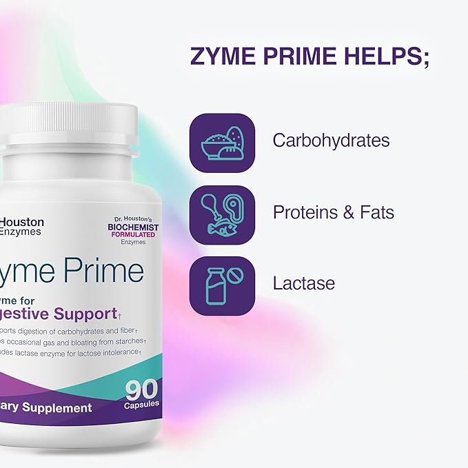 Houston Enzymes - Zyme Prime - 90 Capsules - Digestive Enzymes Women & Men Enzyme, Digestion for Carb, Fat & Protein Breakdown, Helps Intolerances, Bloating & Gas, Digestive Health Supplement