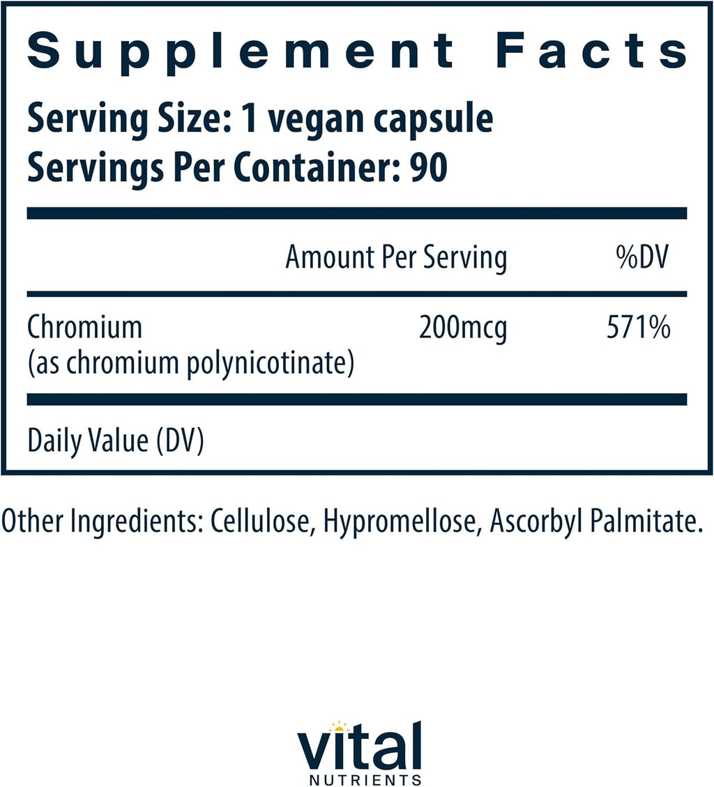 Vital Nutrients Chromium Polynicotinate 200mcg | Chromium Supplements for Healthy Fat and Carbohydrate Metabolism | Cholesterol Maintenance Supplement | Gluten, Dairy, Soy Free | Non-GMO | 90 Capsules