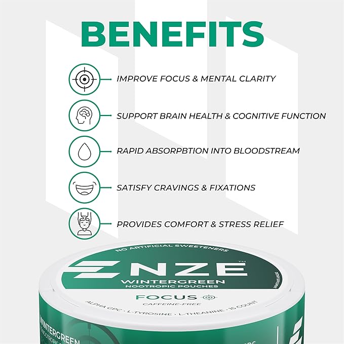 NZE Caffeine Free Nootropic Pouches (Wintergreen) - Nootropic Pouches with Alpha GPC, L-Tyrosine & L-Theanine - No Sugar or Artificial Sweeteners - 15 Pouches Per Can - 5 Pack