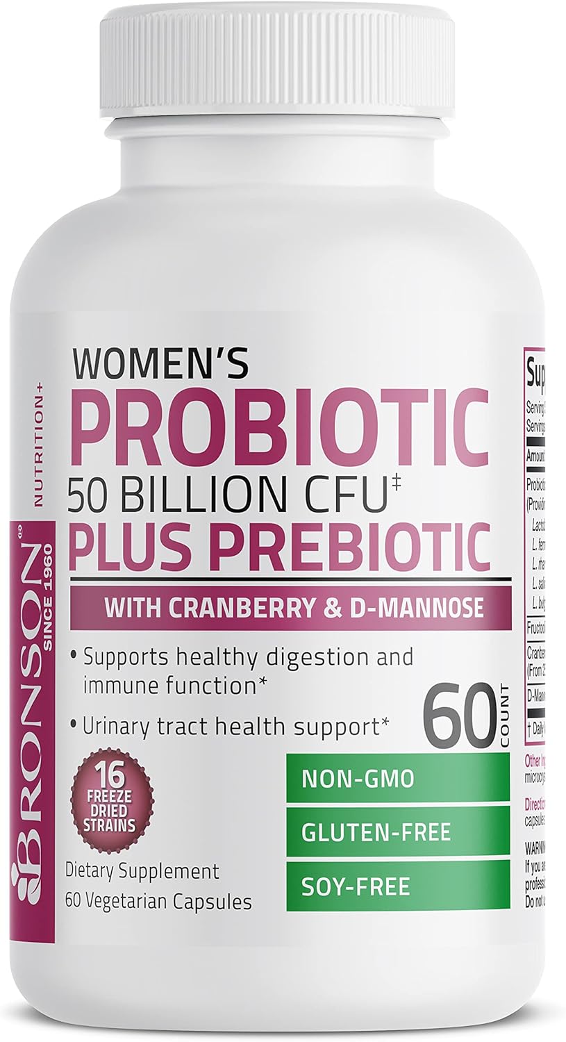 Bronson Women's Probiotic 50 Billion CFU + Prebiotic with Cranberry & D-Mannose – Vaginal Health, Healthy Digestion, Immune Function and Urinary Tract Support, Non-GMO, 60 Vegetarian Capsules