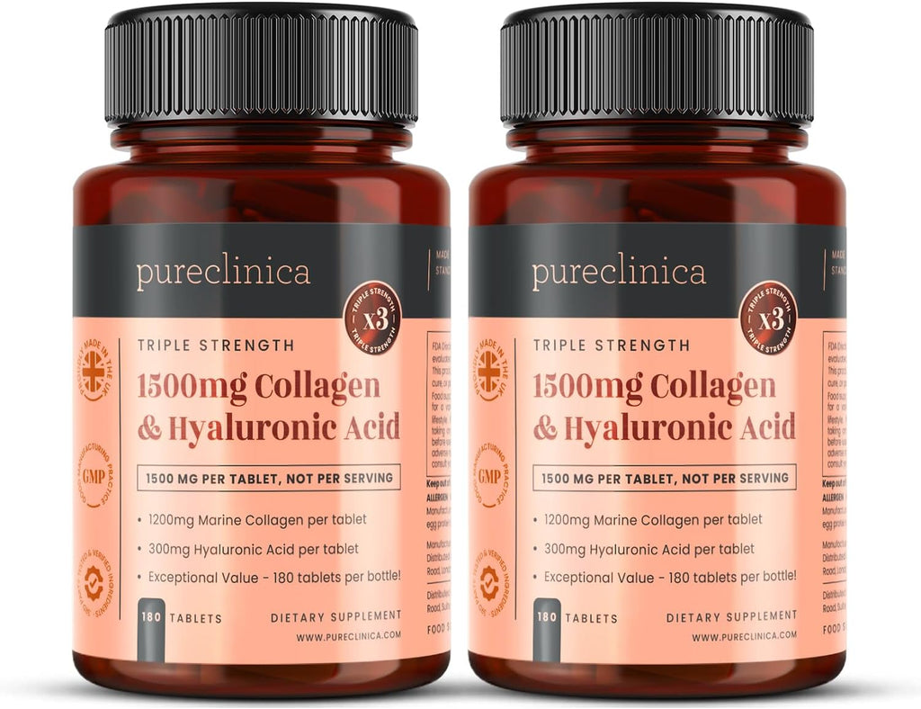 pureclinica UltraColl Collagen & Hyaluronic Acid 1500mg x 360 Tablets (2 Bottles of 180) - 1 Years Supply