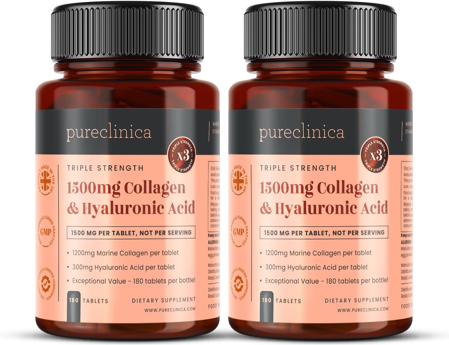 pureclinica UltraColl Collagen & Hyaluronic Acid 1500mg x 360 Tablets (2 Bottles of 180) - 1 Years Supply
