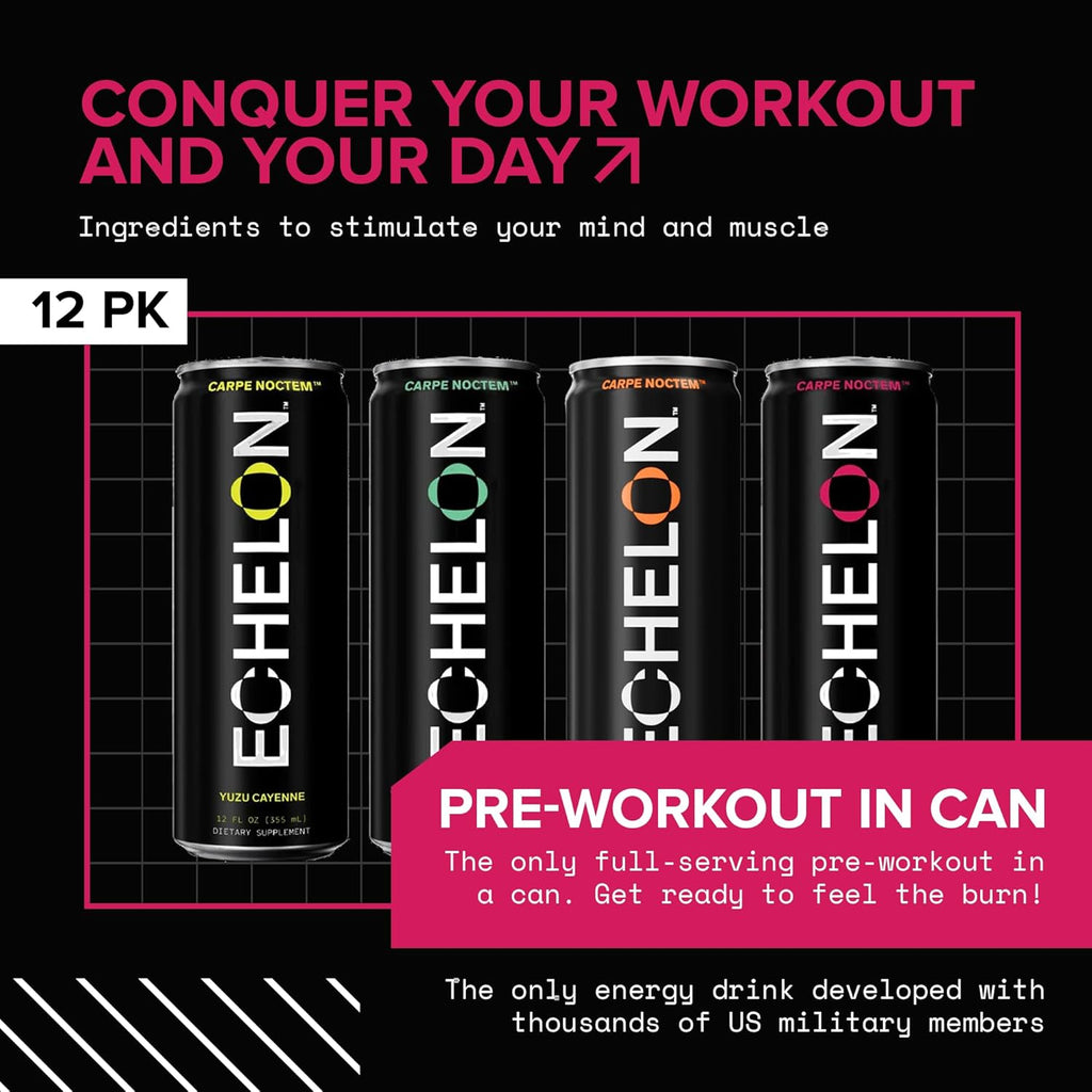 Echelon Pre-Workout Energy Drink - 12-Pack, Variety Pack - Peak Performance, Sustained Energy, Focus and Endurance Dietary Supplement - 300mg of Caffeine, Beta-Alanine, L-Theanine & Fiber - Vegan