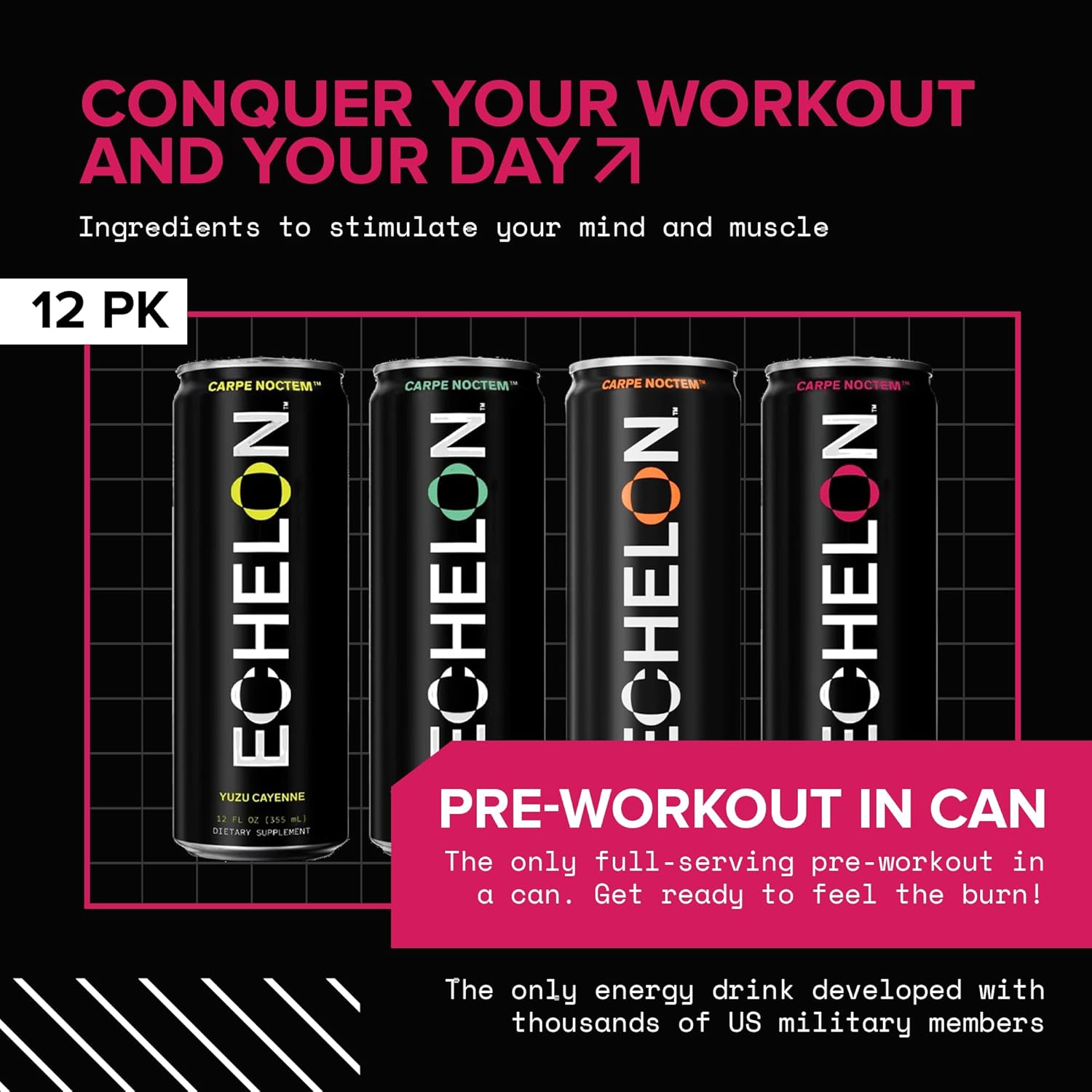 Echelon Pre-Workout Energy Drink - 12-Pack, Variety Pack - Peak Performance, Sustained Energy, Focus and Endurance Dietary Supplement - 300mg of Caffeine, Beta-Alanine, L-Theanine & Fiber - Vegan