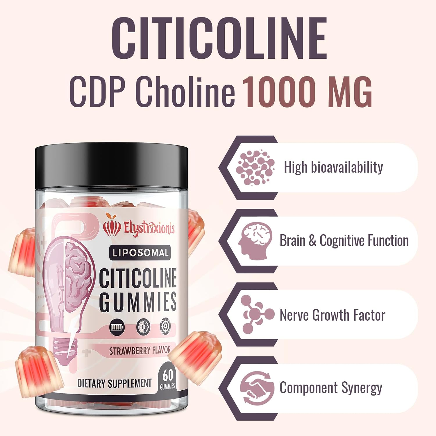 Citicoline Supplement, CDP Choline, Brain Supplement for Memory and Focus | Cognitive Function & Energy Improvement | Citicoline 1000mg Plus Lion's Mane Extract 500mg per Serving (120 Count)