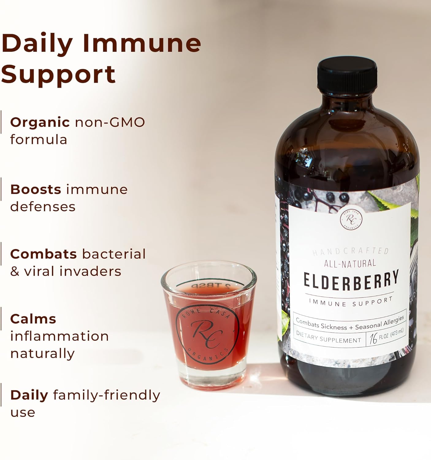 Rowe Casa Organics Elderberry Immune Support with Antioxidants, Zinc, and Vitamin C for Kids and Adults, Organic Elderberry Syrup for Immune Support, 16 Fl Oz
