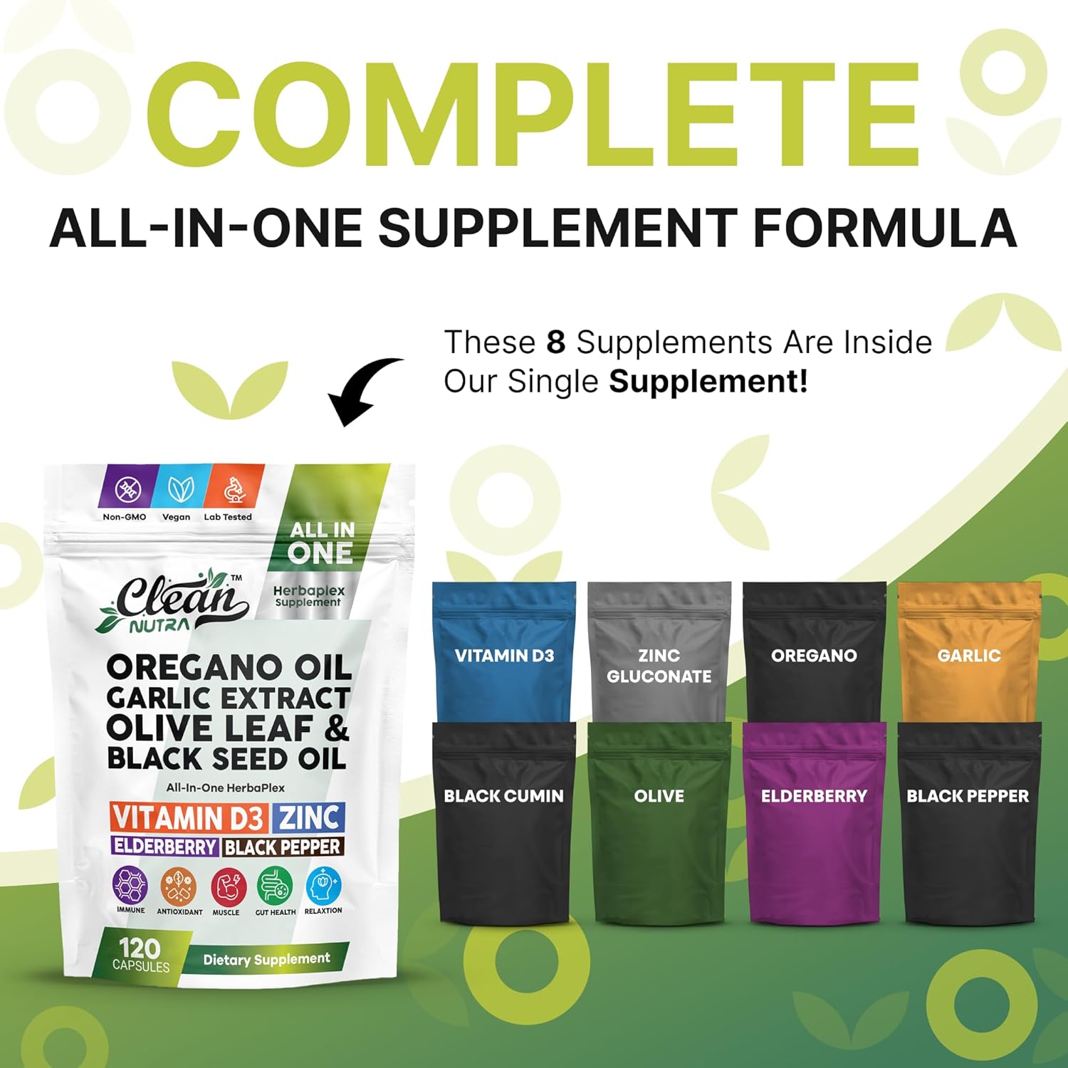 Clean Nutra Oregano Oil with Black Seed Oil Garlic Olive Leaf Extract - Oil of Oregano Capsules Immune Support Carvacrol & Thymoquinone Supplement (120 Count (Pack of 1))