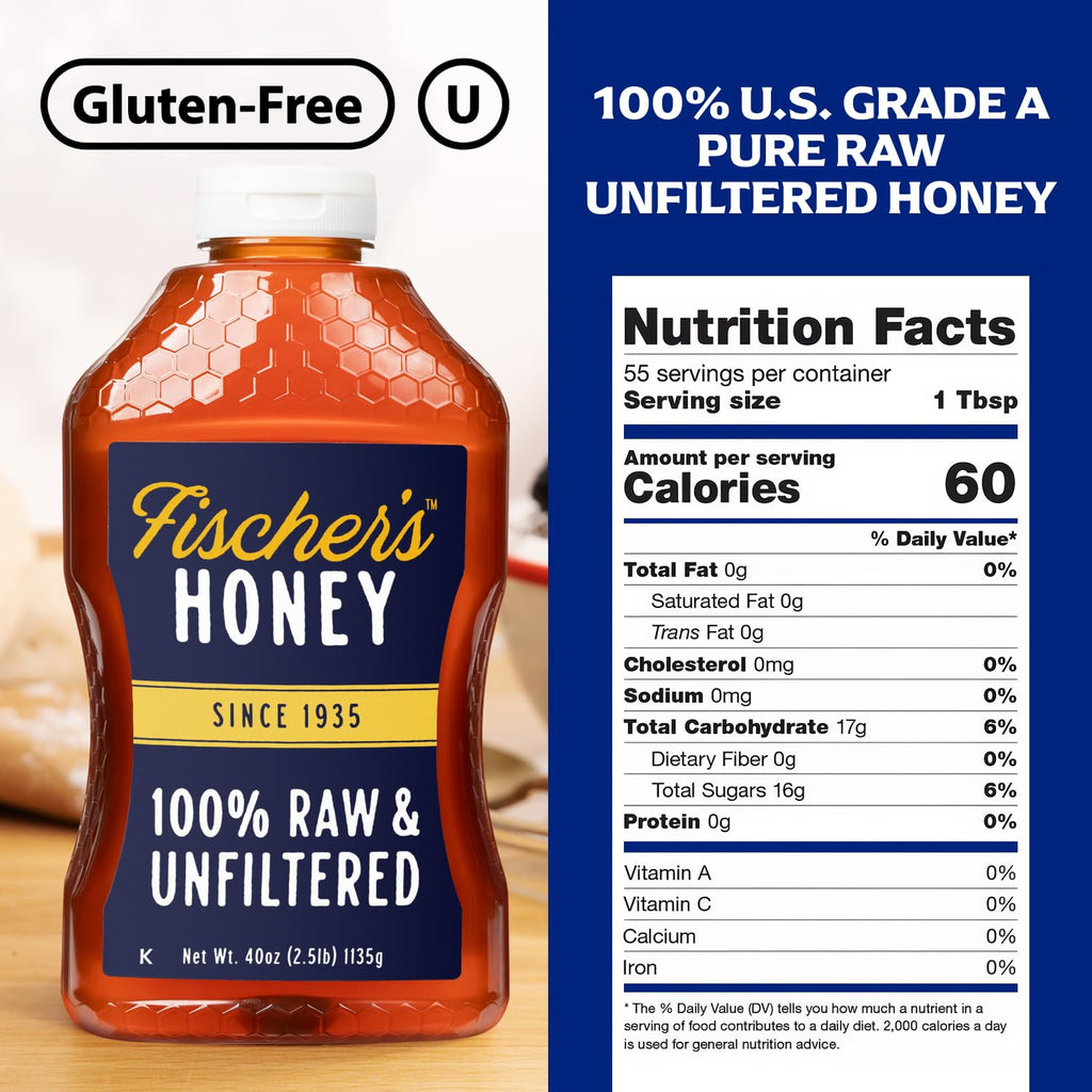 Fischer's 100% Pure, Raw & Unfiltered Honey, 40 oz – USA Made Honey – All-Natural Sweetener – Rich Flavor Profile, Packed with Nutrients