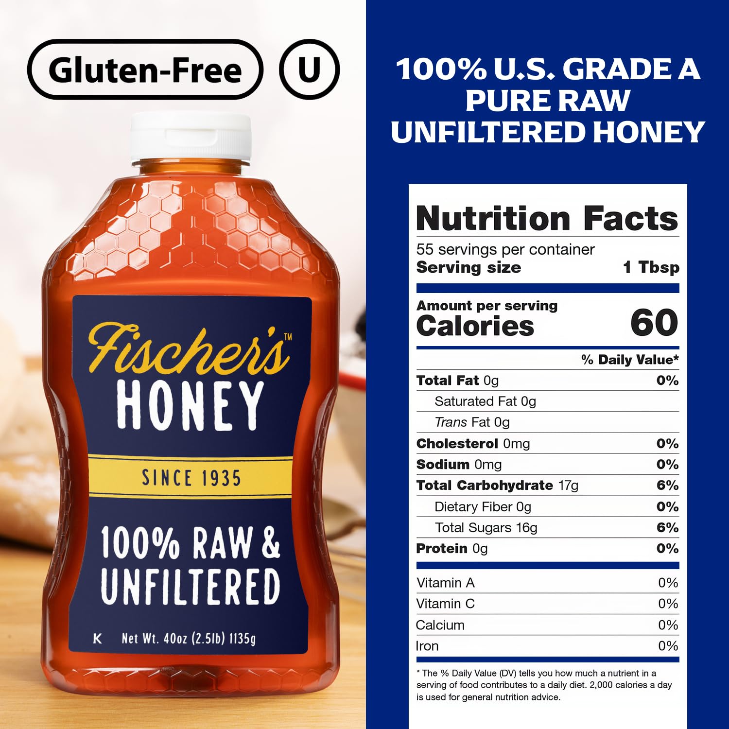 Fischer's 100% Pure, Raw & Unfiltered Honey, 40 oz – USA Made Honey – All-Natural Sweetener – Rich Flavor Profile, Packed with Nutrients