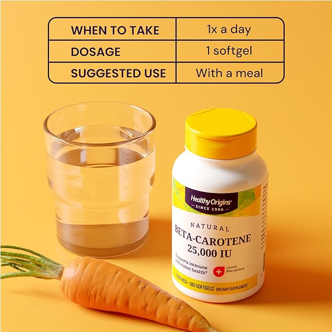 Healthy Origins Beta-Carotene 25,000 IU (7,500 mcg), Provitamin A Supplement for Antioxidant, Eye & Immune Support, 180 Softgels (6 Month Supply), Non-GMO & Gluten-Free
