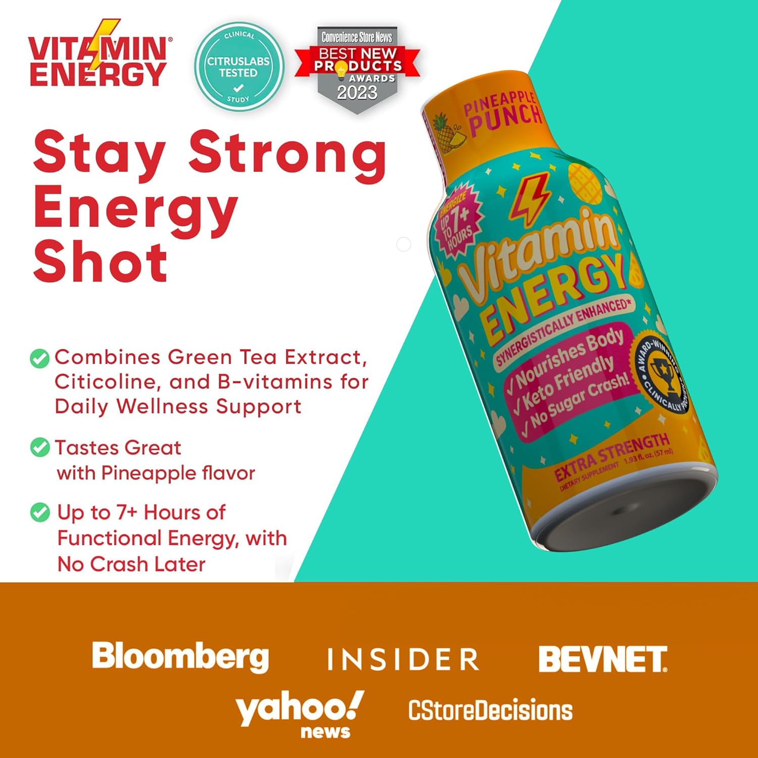 Vitamin Energy Immune+ Extra Strength Energy Shot Pineapple Punch 24 Pack, 260mg Natural Caffeine, B-Vitamins, Citicoline, Green Tea, Immunity & Focus Support, Zero Sugar, Gluten-Free 1.93 fl oz