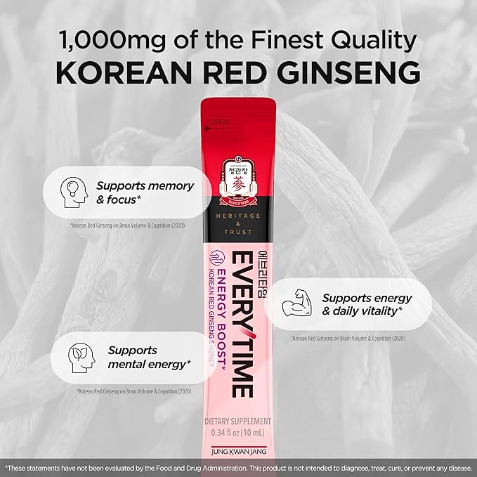 JUNG KWAN JANG Everytime Energy Boost Korean Red Ginseng Extract 1,000mg & Honey - Vegan Ginseng Energy Drink Liquid Stick Supplements - Builds Stamina & Immunity No Caffeine (10 Sticks, 0.34 fl oz)
