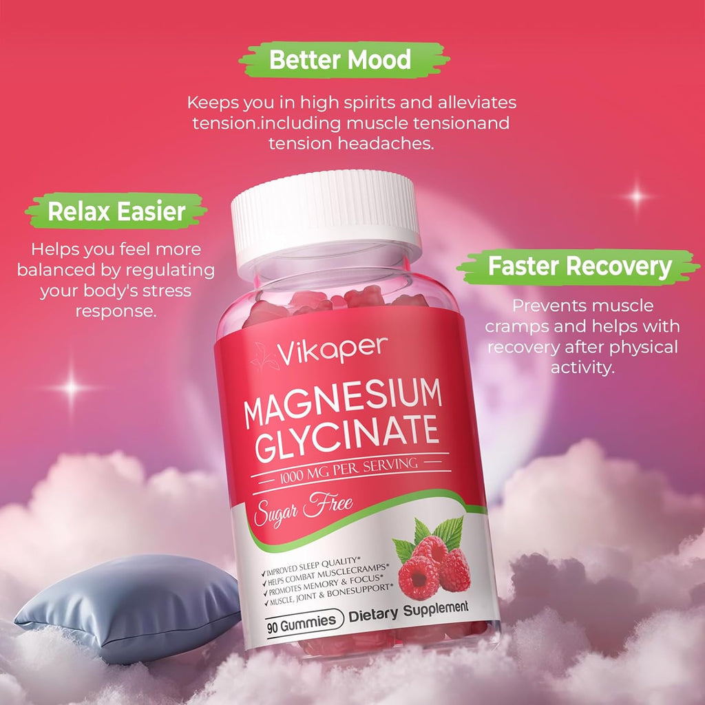 Magnesium Glycinate Gummies 1000mg Sugar Free,High Absorption Calcium Magnesium Supplement,Vegan,Non GMO,Gelatin Free,Calm Mood,Sleep,Boosts Energy Support for Adults,90 Raspberry Flavor Gummies