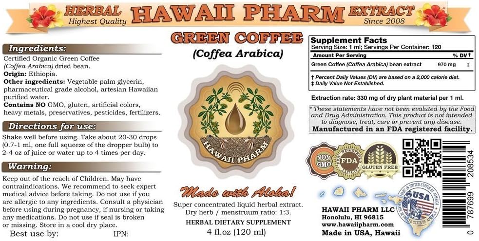Green Coffee Liquid Extract, Green Coffee (Coffea Arabica) Bean Powder Tincture Supplement 4 oz