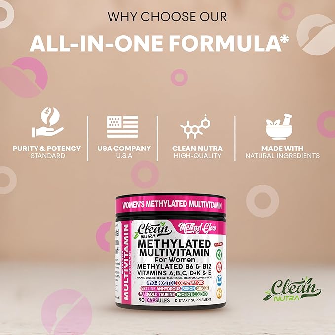 Methylated Multivitamin for Women Vitamins B6 Methyl B12 A B C D K E Folate Choline Omega 3 Thiamine Riboflavin Iron Iodine Magnesium Zinc Selenium Copper Calcium 90 Capsules by Clean Nutra